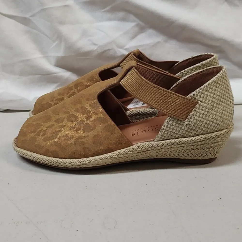 Gentle Souls By Kenneth Cole Size 5 Animal Print Gold Tan Espadrille Wedges New